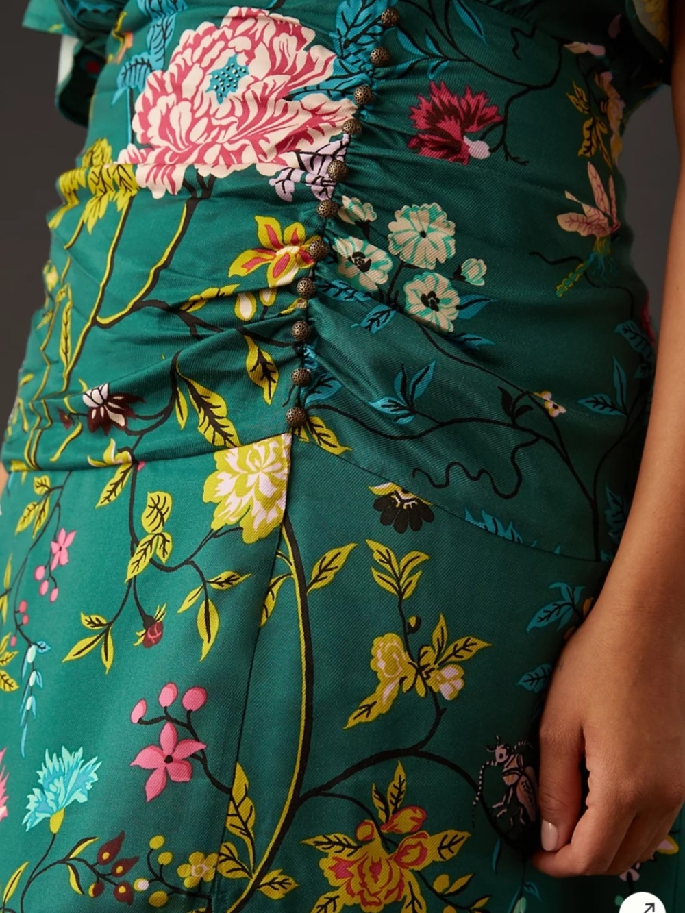 Maeve Anthropologie Button Front Shirt Dress 14 Green Floral Bird V-neck Slit - Picture 11 of 15